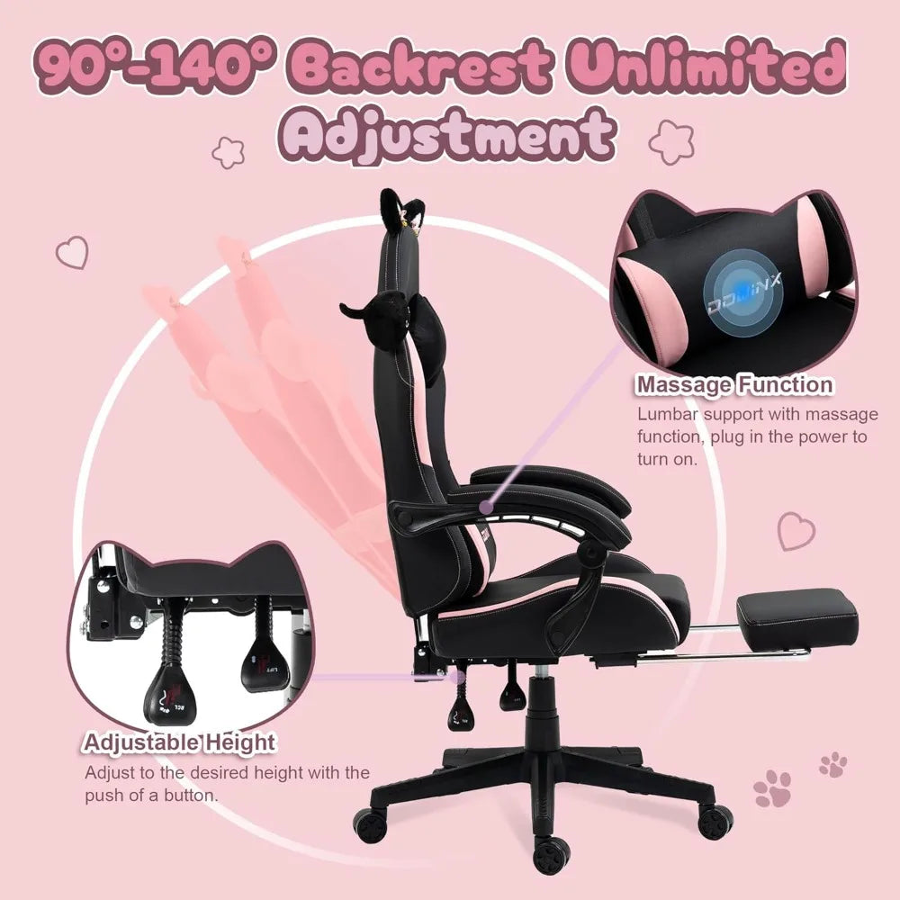 Cute Cat Ear Gaming Chair with Massage Lumbar Support, Ergonomic Computer Chair for Women with Footrest and Headrest