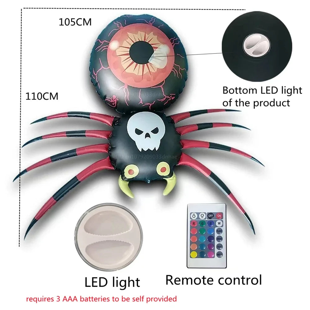 3.6FT Big Spider Inflatable PVC Glowing Spider Model Halloween Outdoor Decor with LED Light Holiday Ornament Courtyard Props