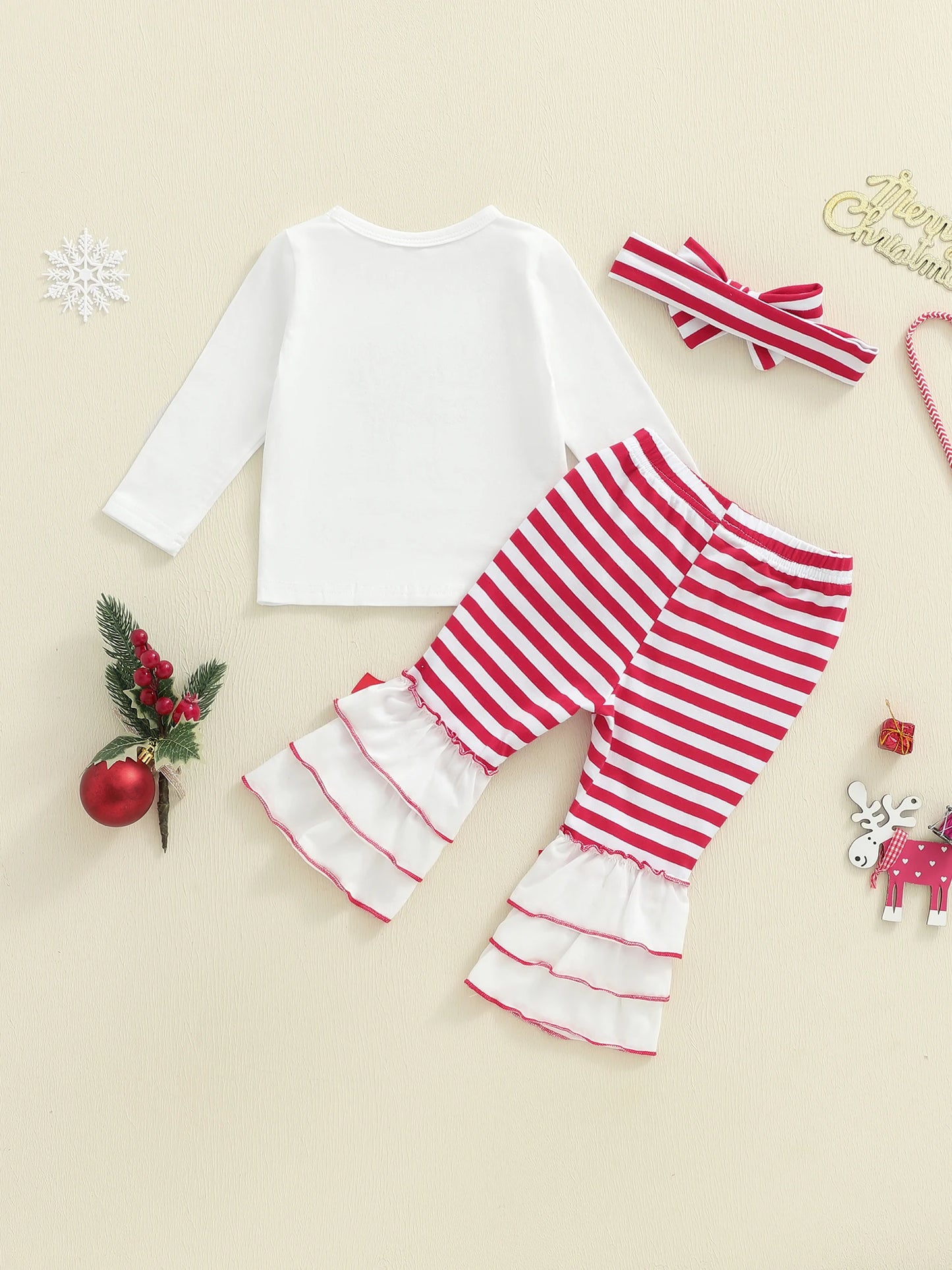 Girls Christmas Outfit Set Red Plaid Ruffle Sleeve Top and Pants with Bow Headband Holiday Clothes for Toddler Kids