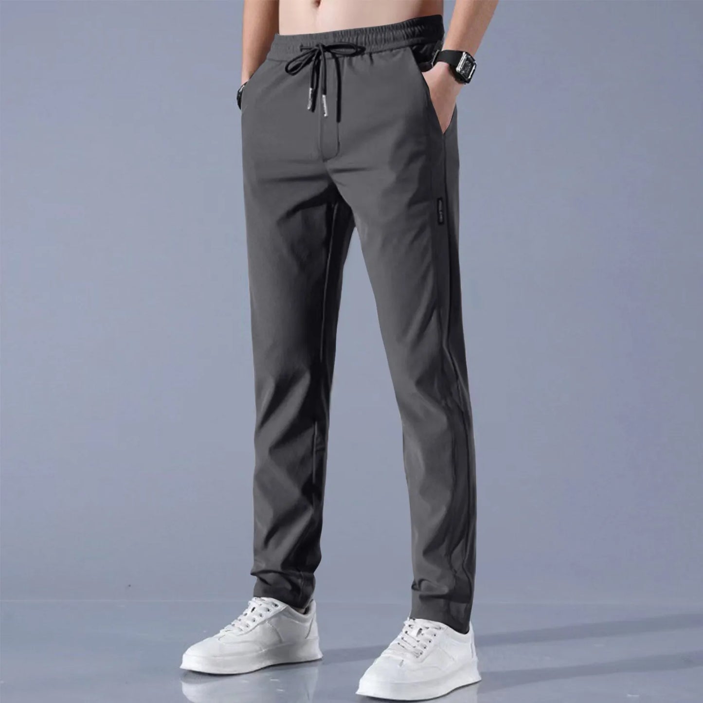 Men Fast Dry Stretch Pants Ice Silk Trousers Solid Color Mid-Waist Loose Breathable Straight-Leg Casual Pants Thin Sports Pants