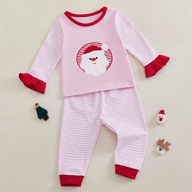 Toddler Girls 2-piece Set Festive Long Sleeve Santa Claus T-shirt with Matching Striped Pants for Christmas Celebration