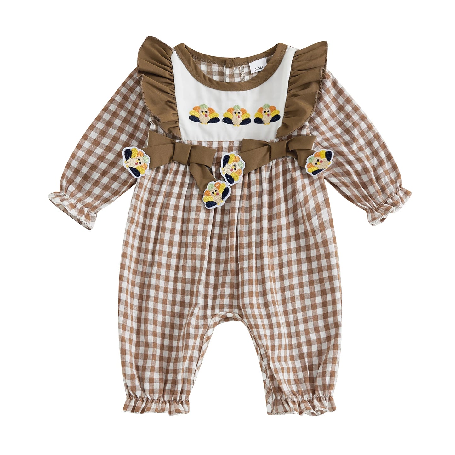 Adorable Infant Girls Fall Plaid Romper with Festive Pumpkin and Turkey Embroidery Cozy Long Sleeve Jumpsuit for Thanksgiving