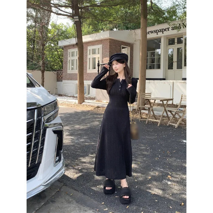 French Style Long Sleeve Knitted Dress Vintage Waist Cinching A- Line Skirt Women Autumn Winter New Arrival Slimming Inner Wear