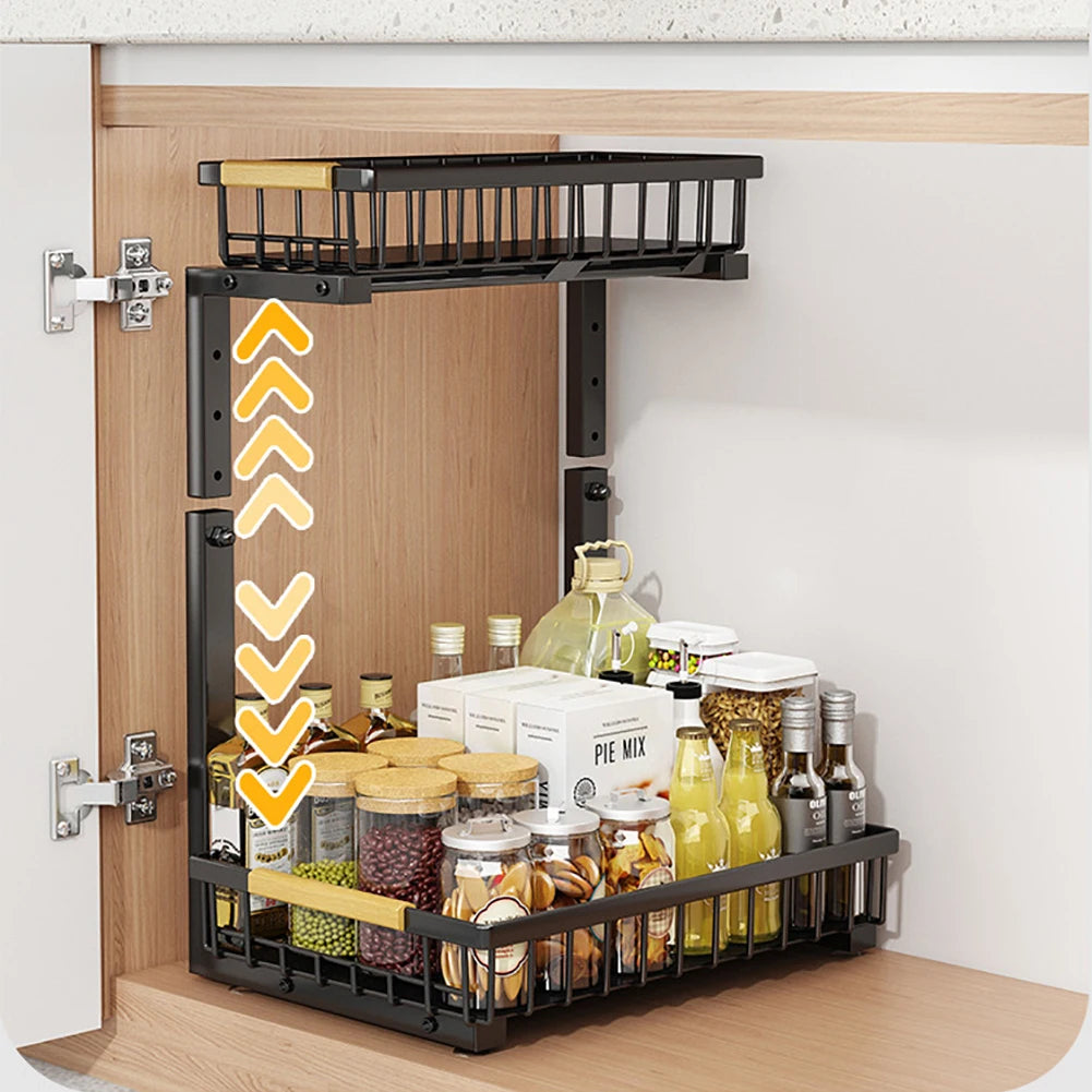 Under Sink Organizer, Pull Out Cabinet Organizer 2 Tier Slide Out Sink Shelf, Carbon Steel Cabinet Storage Shelves For Kitchen
