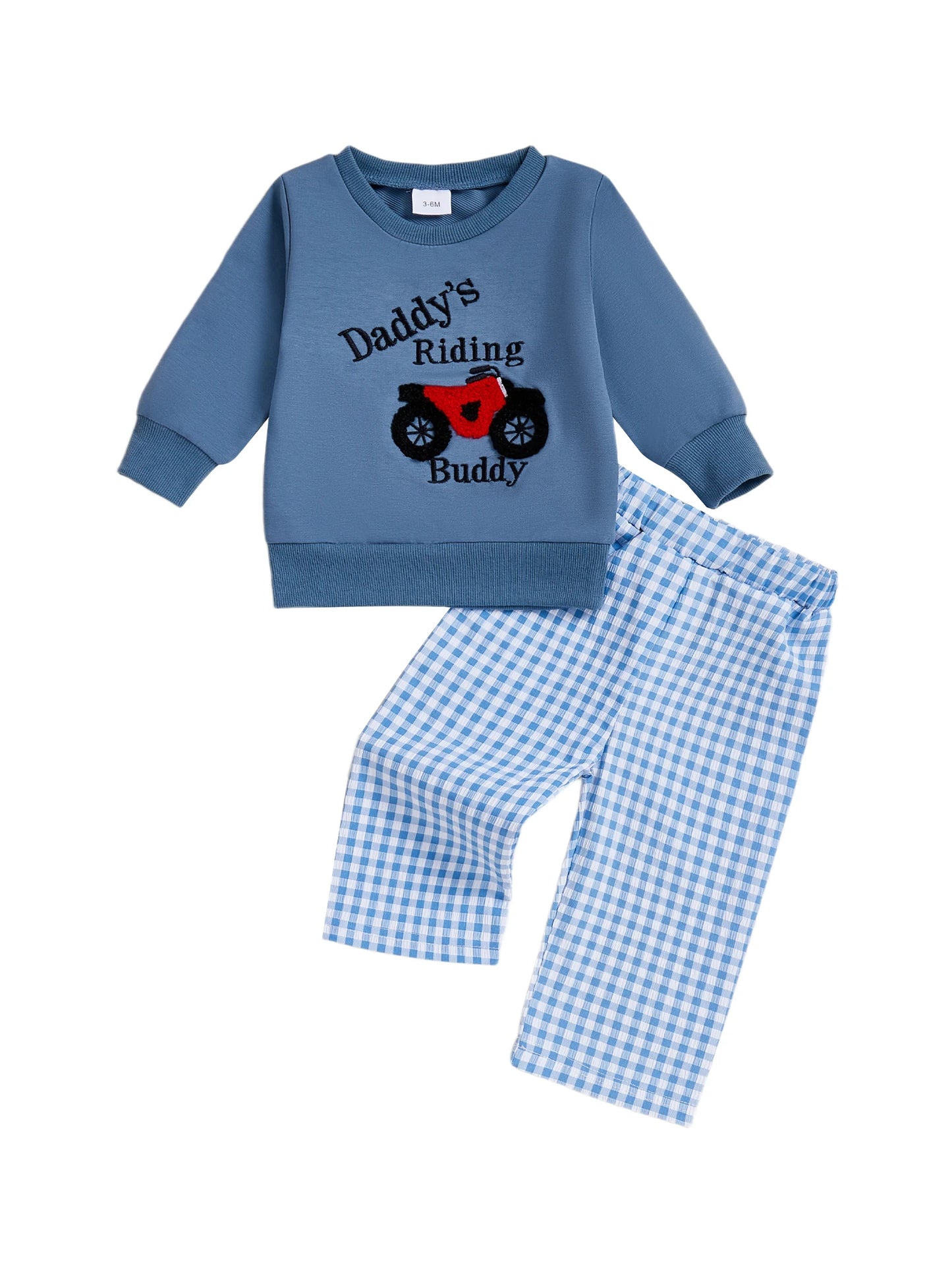 Toddler Boy Autumn Set with Motorcycle Print Sweatshirt and Plaid Pants Long Sleeve Outfit for Baby Boys 2 Piece Clothing Set
