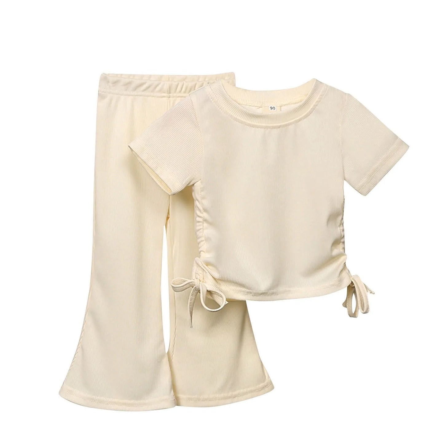 New Korean Short sleeved Set Summer Solid Color Pullover Top+Flare Pants Thin Casual Two Piece Set Suitable for Girls Aged 2-8