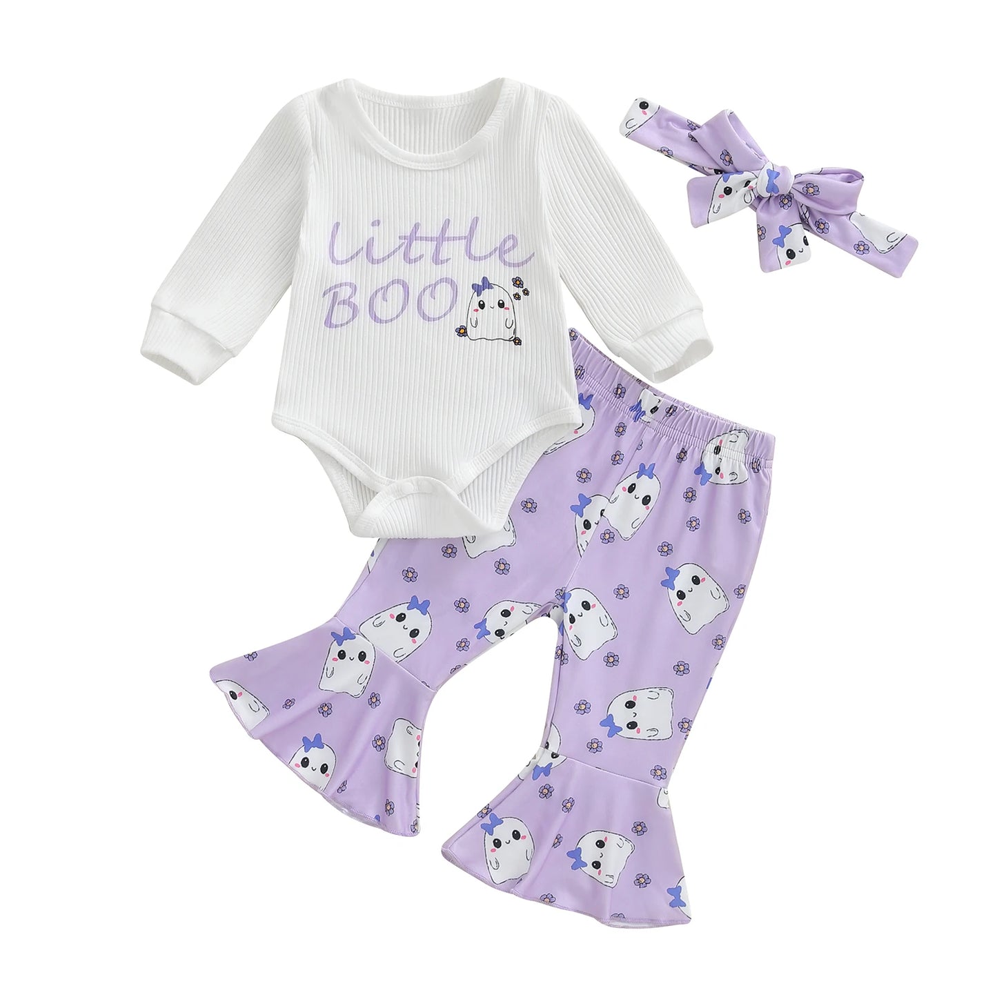 Toddler Girl Halloween Costume Ghost Print Long Sleeve Romper Flare Pants and Headband 3 Piece Set for Party
