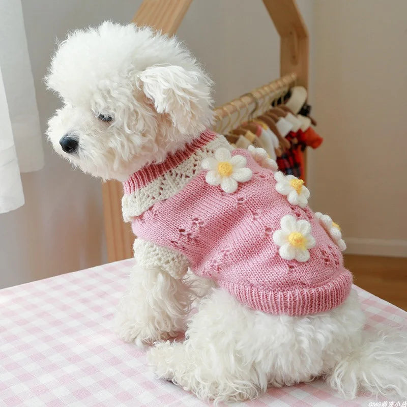 1PC Pet Apparel Dog Autumn and Winter Thickened Warm Green Pink 3D Flower Knitwear Pullover Sweater For Small Medium Dogs