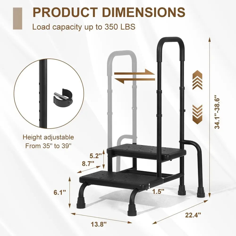 Step Stool with Handle, Medical 2 Step Stool for Elderly with Adjustable Handrail and Reinforced Leg 350LBS