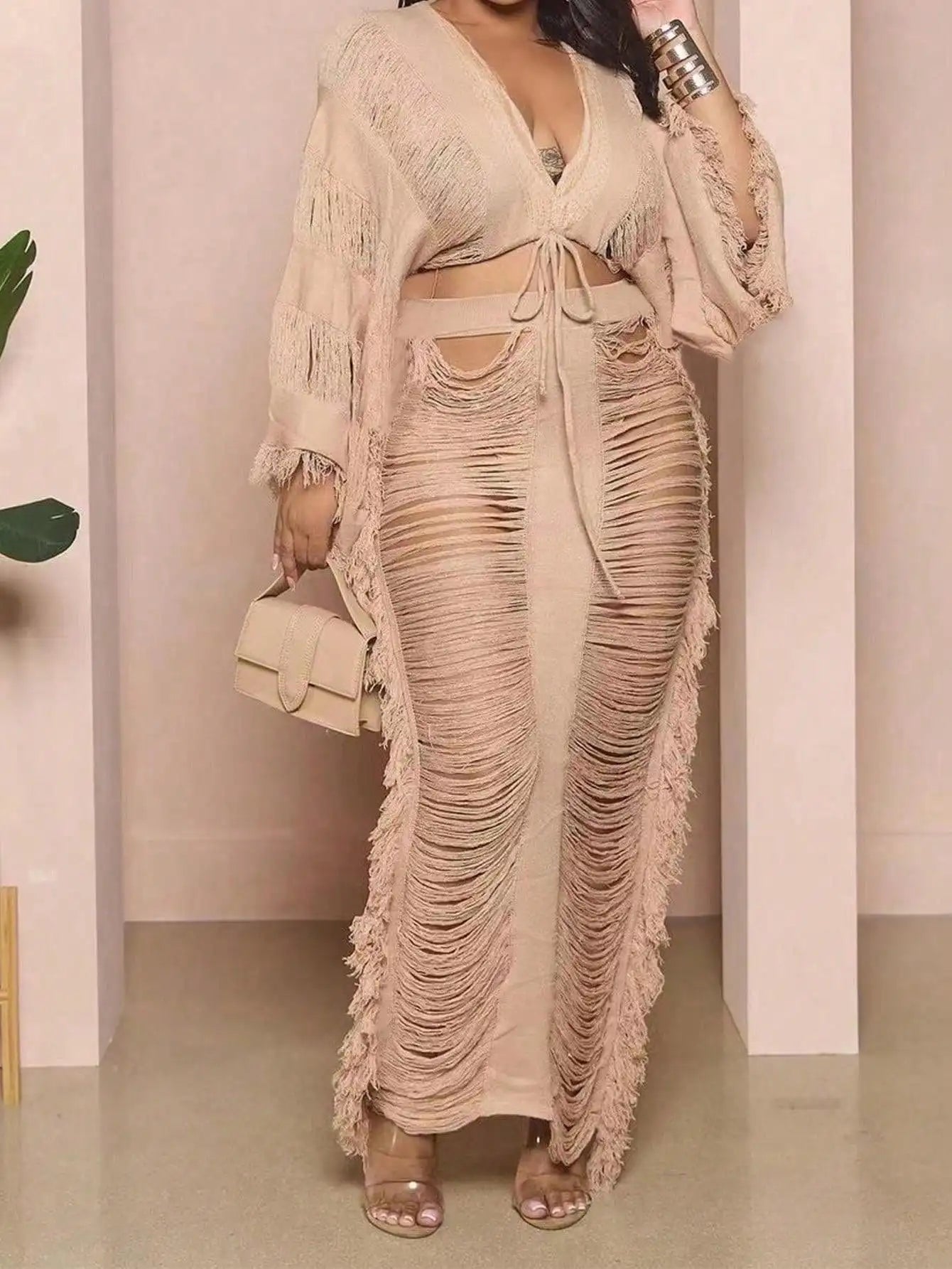 Dress 2025 Women's Fringed 2-piece Set Long-sleeved top with fringed cutout sexy and elegant party club suit dress