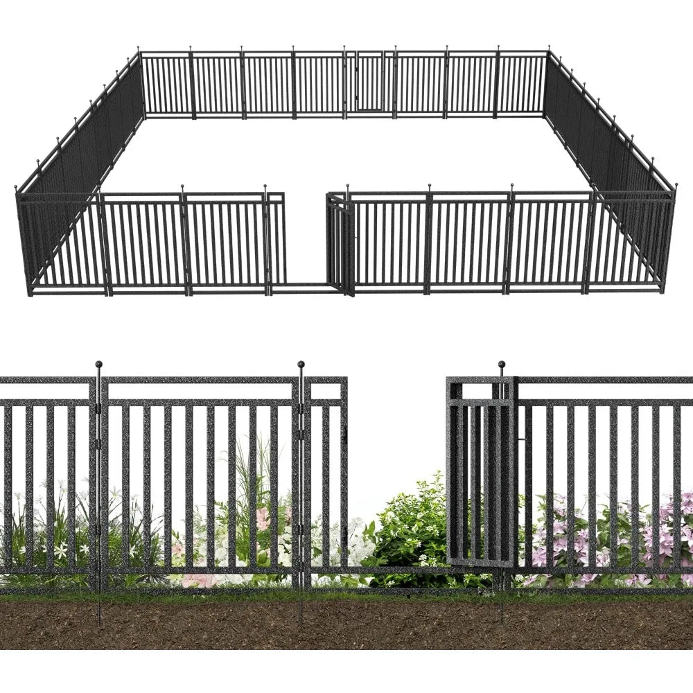 Decorative Garden Fence Metal Dog Fence Outdoor for Yard, 36ft (L) × 40in (H), 14 Panels + 2 Gates, Rustproof Animal Barrier Fen