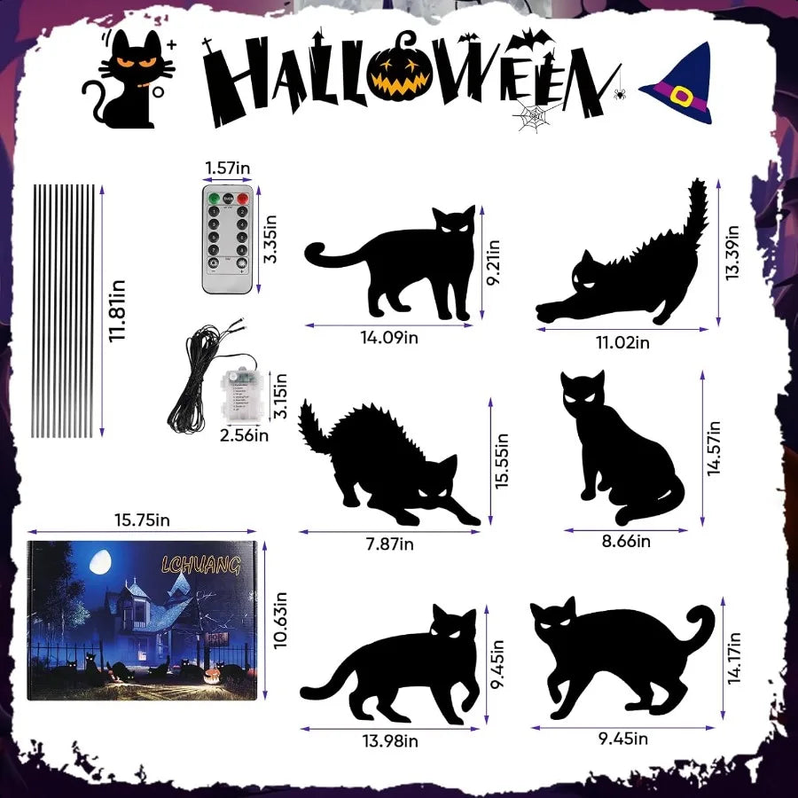 6Pack Black Cat Halloween Decorations Outdoor with LED Glowing Eyes Lights Black Cat Yard Stakes Halloween Decor Waterproof Out