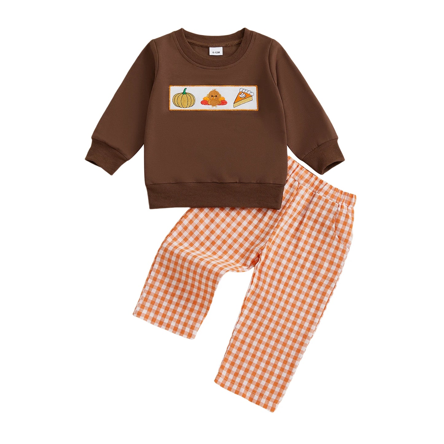 Baby Thanksgiving Outfit Turkey Print Long Sleeve Top and Plaid Pants Set with Elastic Waistband for Toddler Girls