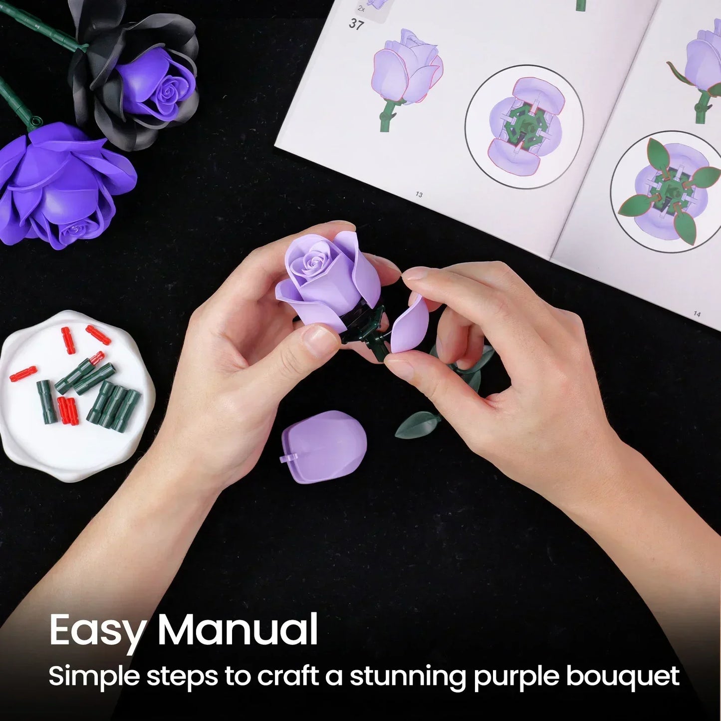 Purple Roses Blocks Flowers Building Set Simulated Rose Wedding Floral Home Decoration Bouquet Brick Toy Birthday Gift for Adult