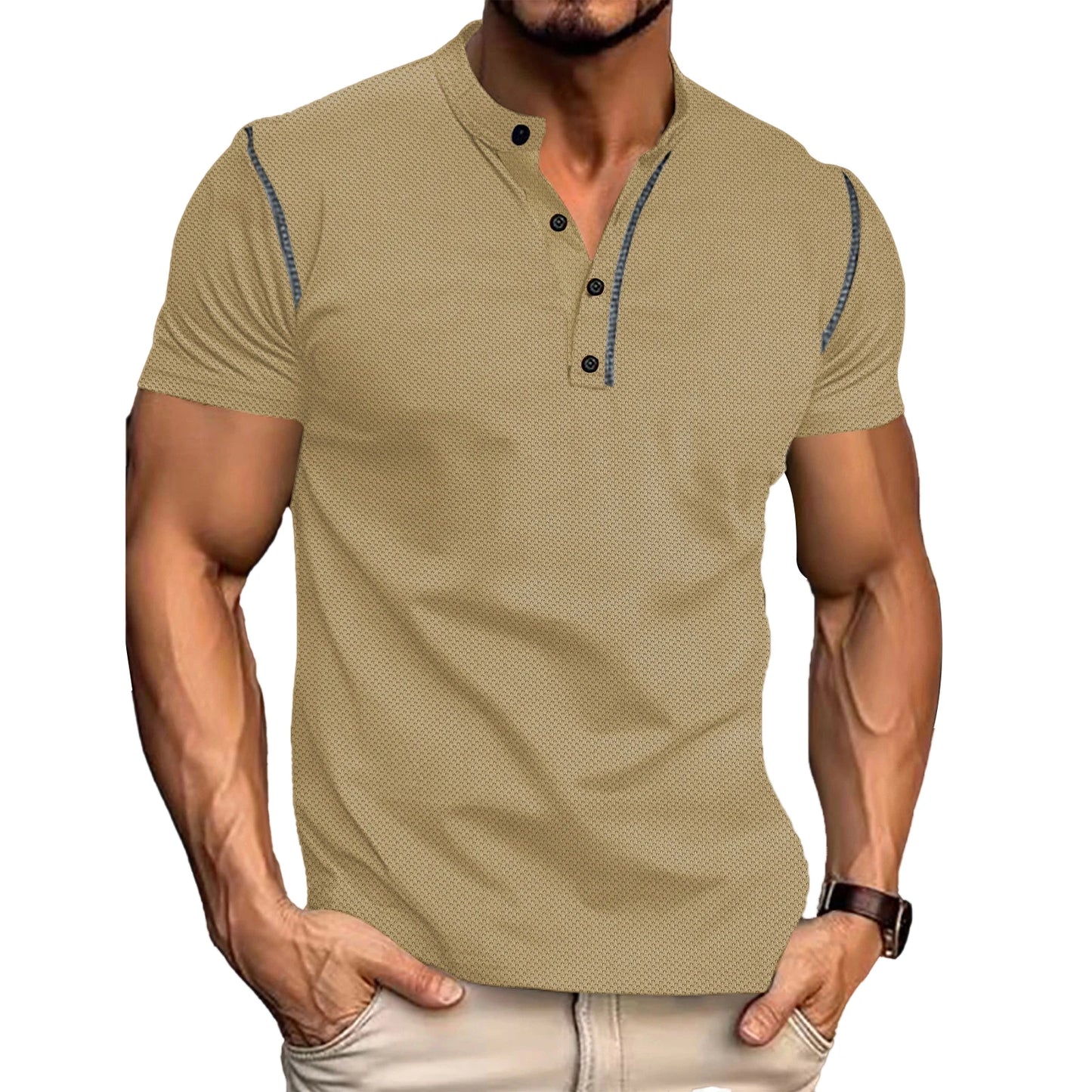 Men s Fit Henley Short Sleeve T-Shirt with Contrast Stitching Casual Summer Top for Streetwear Style