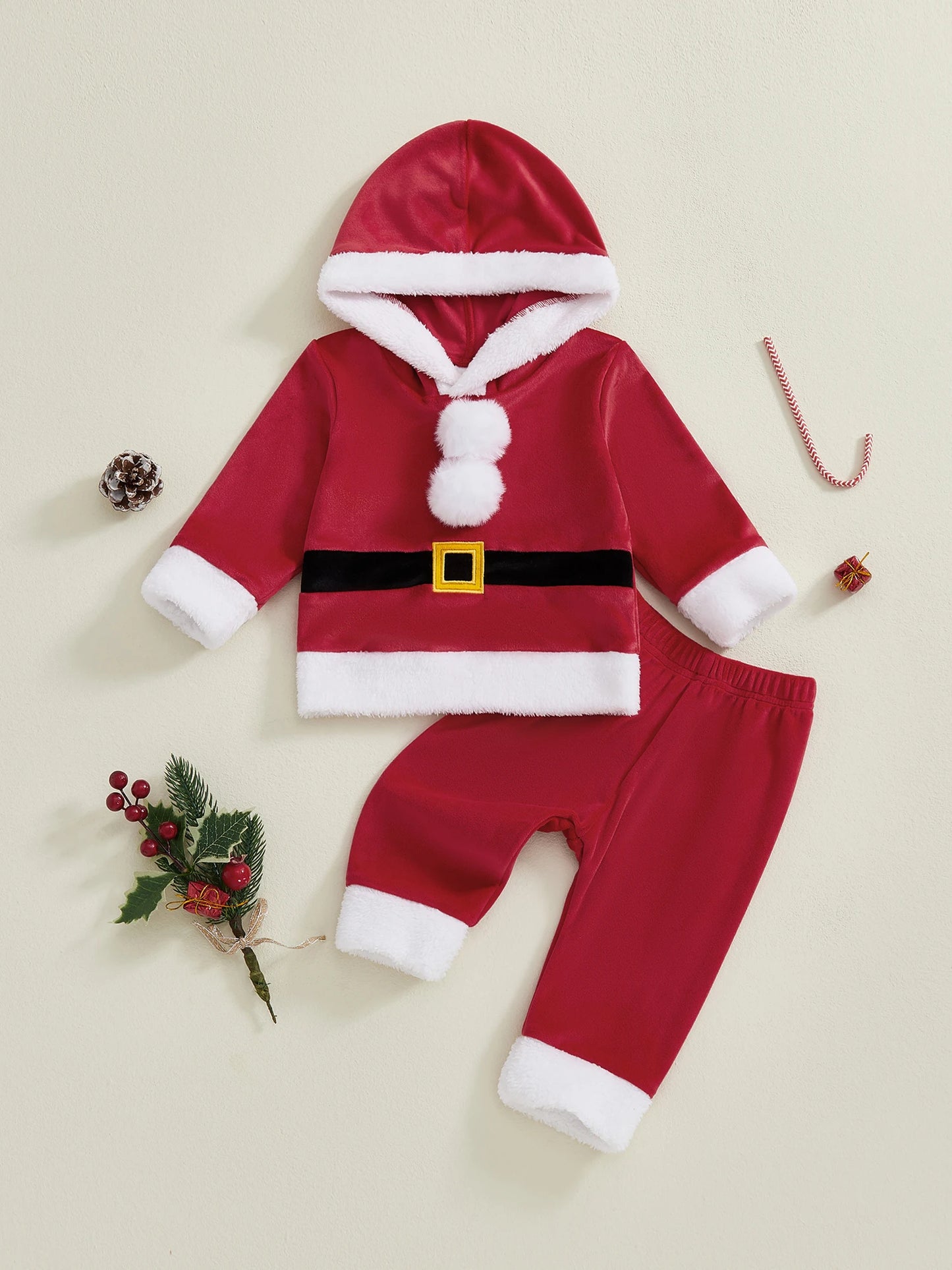 Kids Girls Boys Christmas Santa Claus Costume Long Sleeve Hooded Sweatshirt with Pants Outfit Cosplay Set for Holiday Party