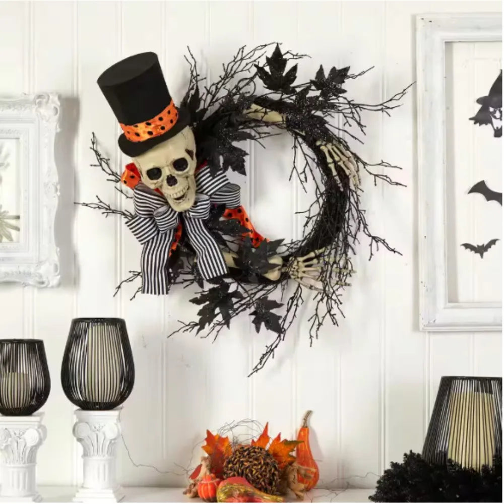 26 in. Black Dapper Skeleton Halloween Wreath,Scare the goblins and ghosts with this fun wreath that will be a hit.