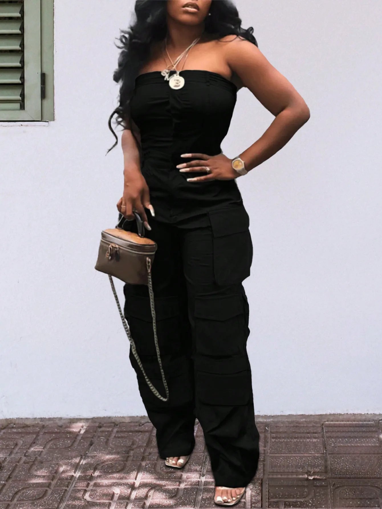 Solid Color Casual Overalls Jumpsuit, Sexy Straight Tube Tube Top Long Jumpsuit, With Pockets, Women's Wear