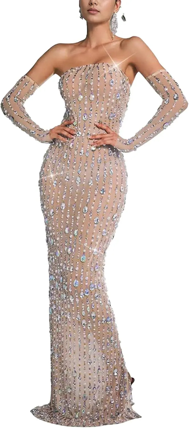 Women's Hot Drilling Craft Sexy Long Sleeve Mesh See Through Sequined Party Club Night Rhinestone Dress