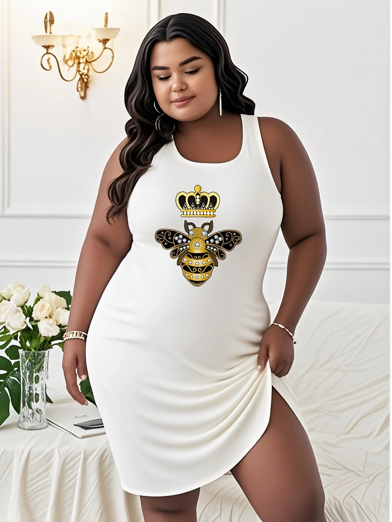 Lady Summer plus size Bee With Crown And Diamonds printed t shirt dress Bee With Crown And Diamonds