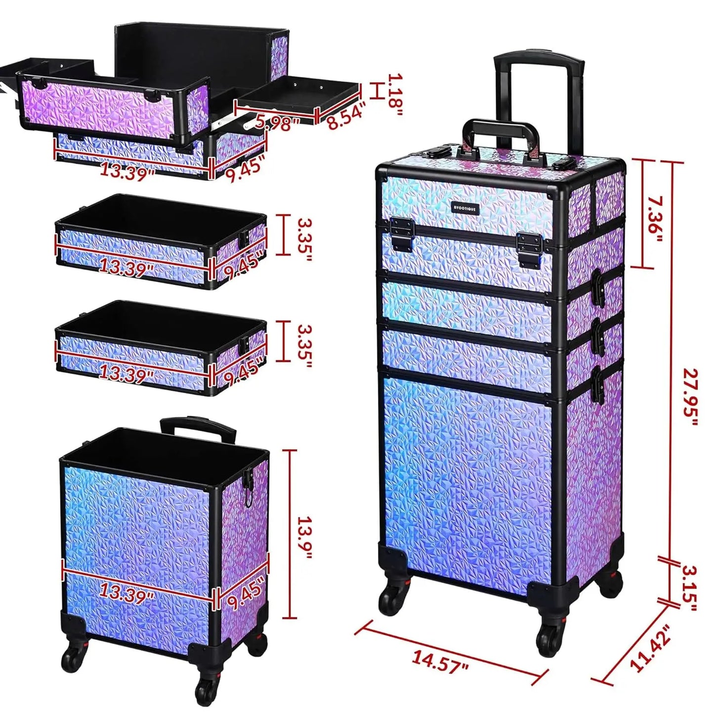 4in1 Rolling Makeup Case on wheels Nail Traveling Organizer box False Eyelash Storage for Nail Technician Beauty Salon