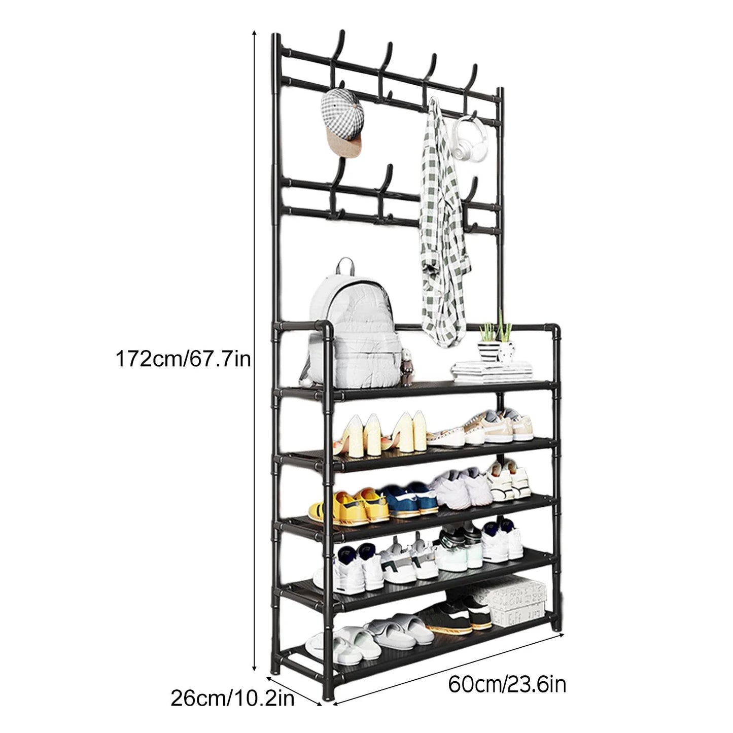Coat Rack with Shoe Rack Organizer, 3-in-1 Metal Hall Tree with 5-Tier Shelf and 8 Removable Hooks, Freestanding Coat Shoe Rack