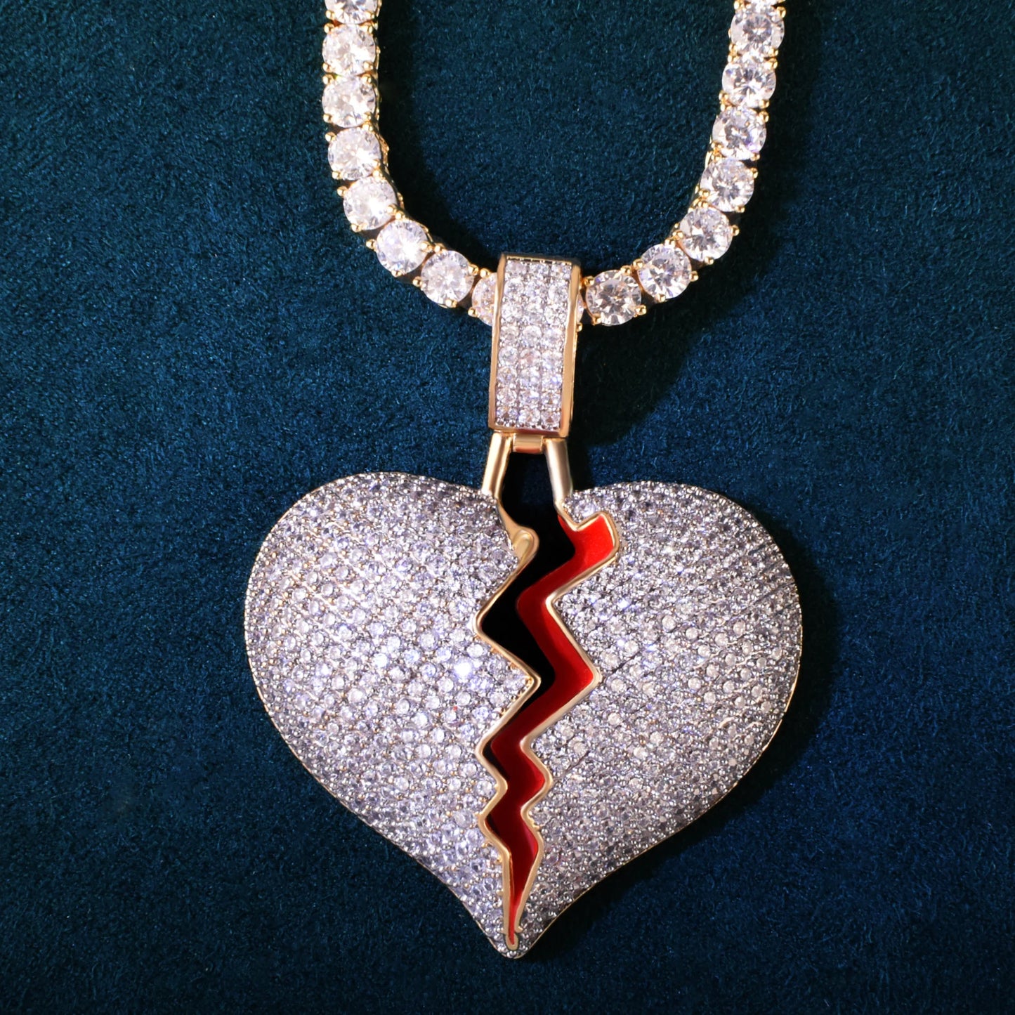 Red Oil Heart Love Pendant Necklace For Men Women Full Cubic Zircon Hip Hop Rock Jewelry Gift