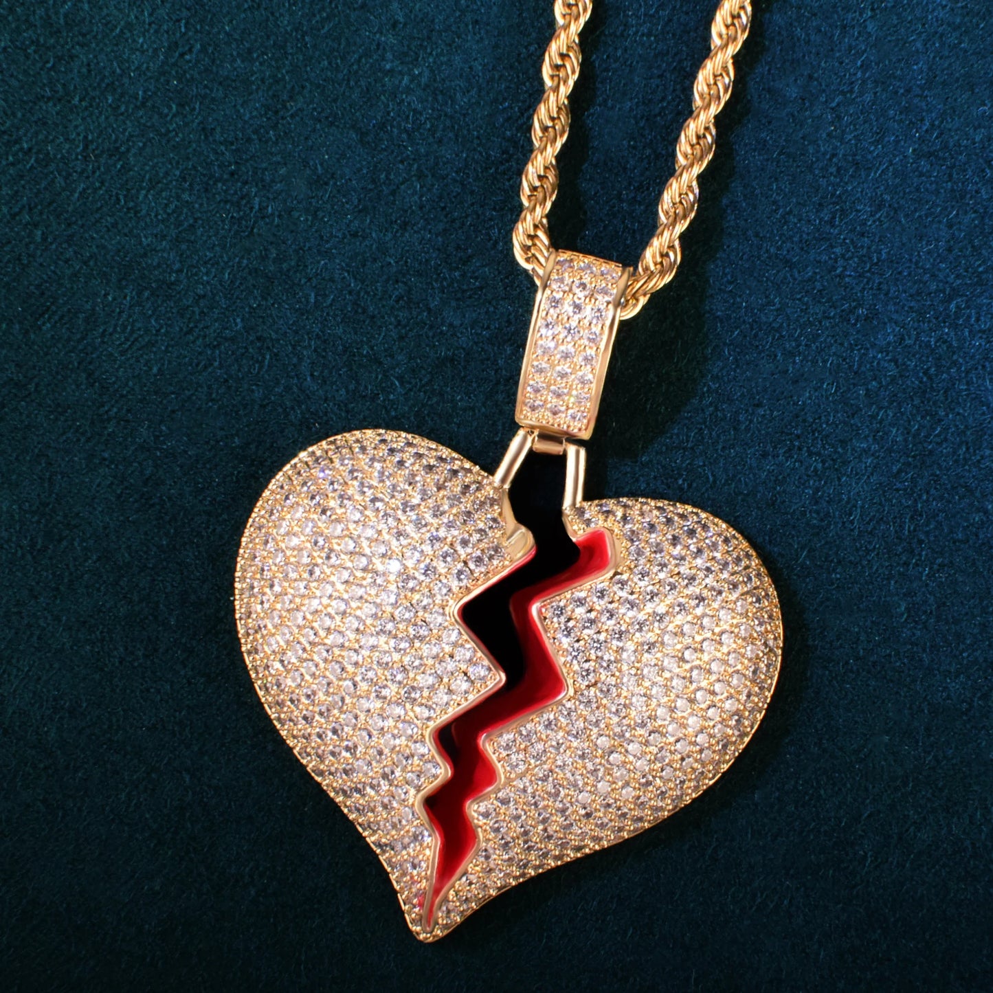 Red Oil Heart Love Pendant Necklace For Men Women Full Cubic Zircon Hip Hop Rock Jewelry Gift