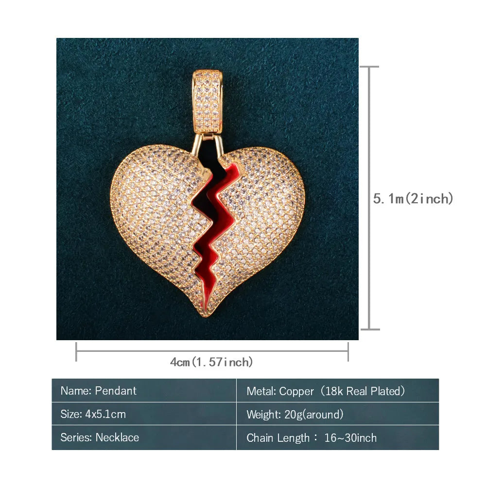 Red Oil Heart Love Pendant Necklace For Men Women Full Cubic Zircon Hip Hop Rock Jewelry Gift