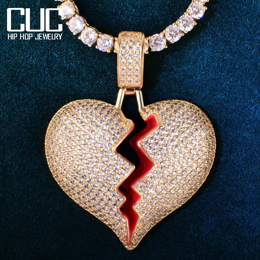 Red Oil Heart Love Pendant Necklace For Men Women Full Cubic Zircon Hip Hop Rock Jewelry Gift