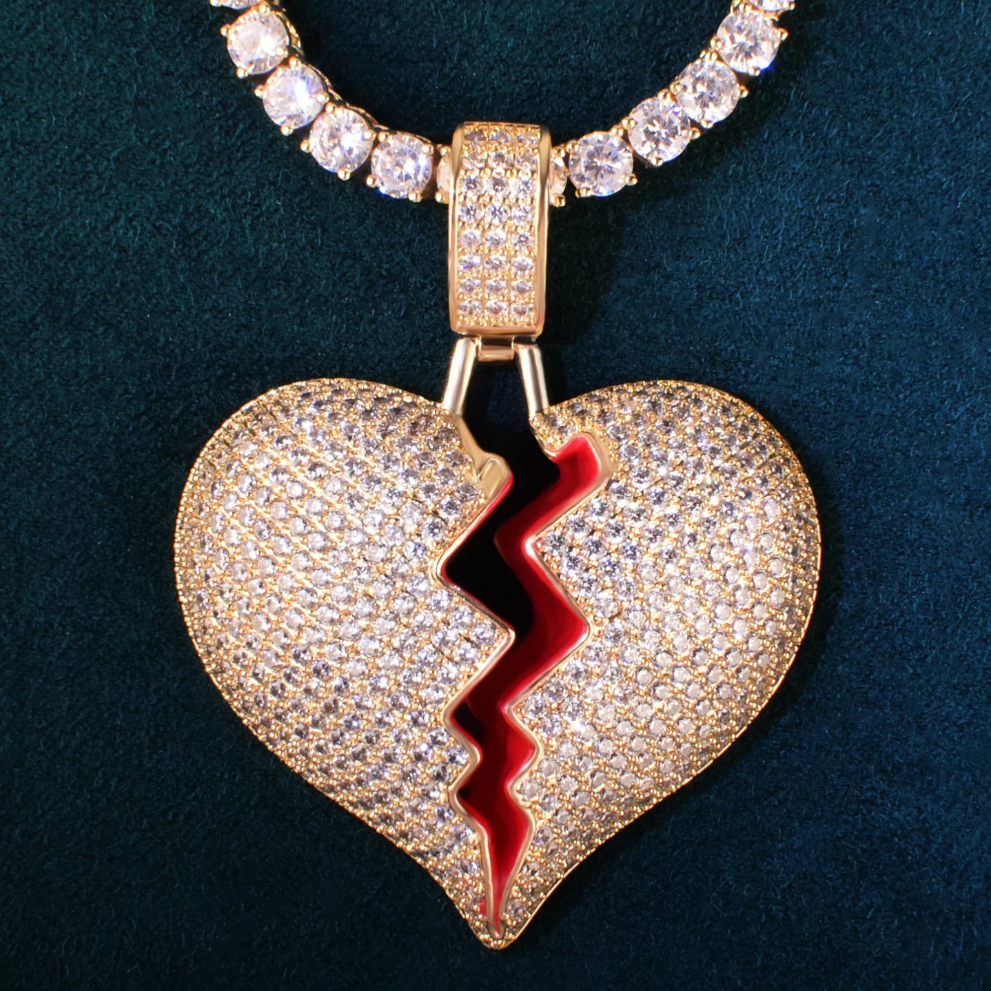 Red Oil Heart Love Pendant Necklace For Men Women Full Cubic Zircon Hip Hop Rock Jewelry Gift