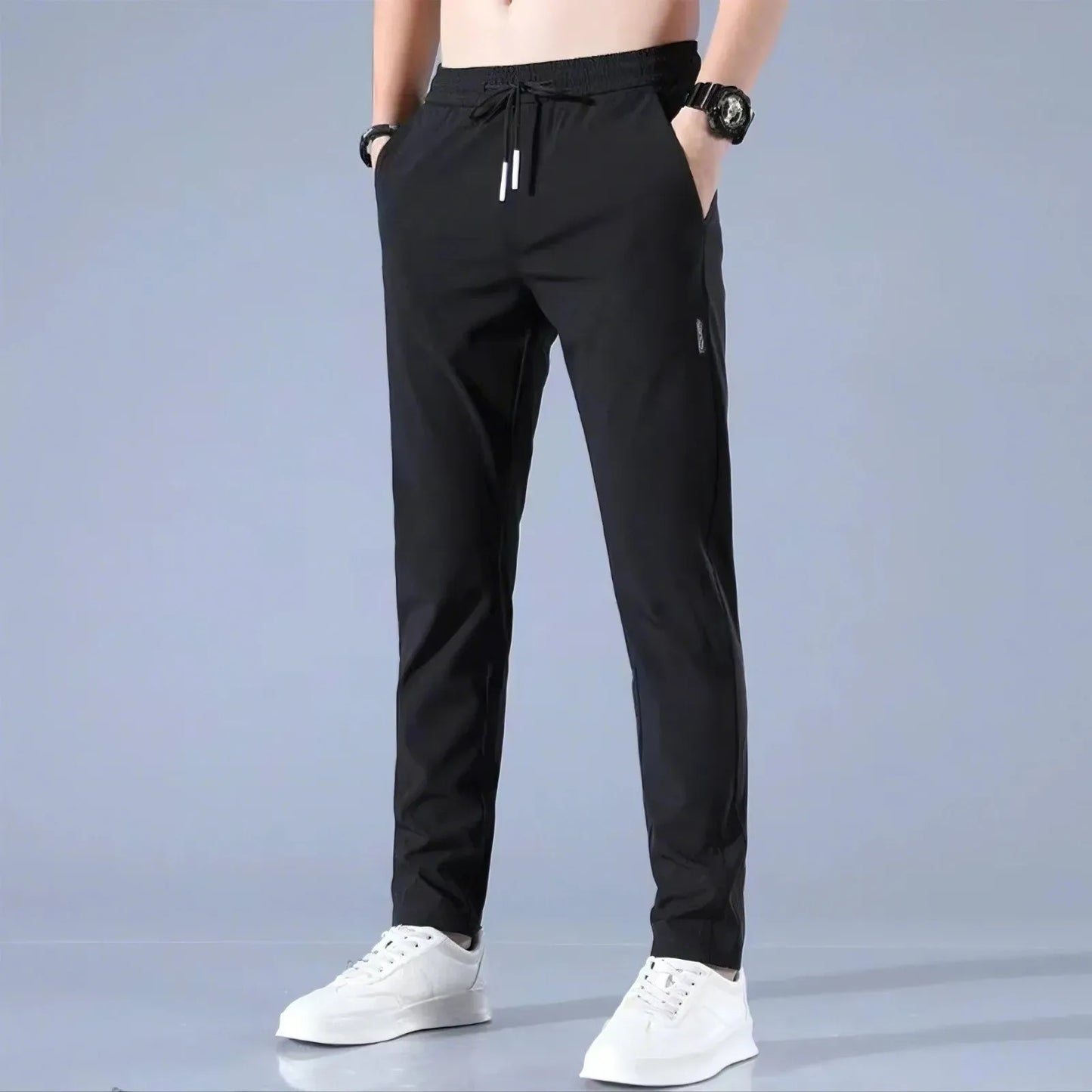 Men Fast Dry Stretch Pants Ice Silk Trousers Solid Color Mid-Waist Loose Breathable Straight-Leg Casual Pants Thin Sports Pants