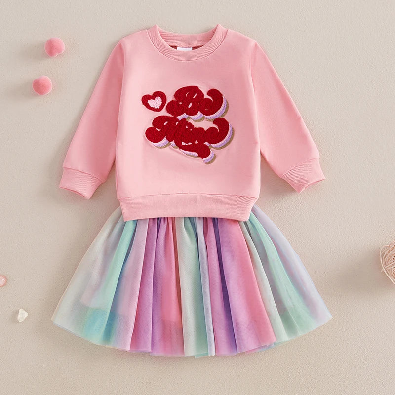 Adorable Toddler Girl Valentine s Day Outfit with Heart Embroidery and Pink Tulle Skirt - 2 Piece Set for a Sweet Look