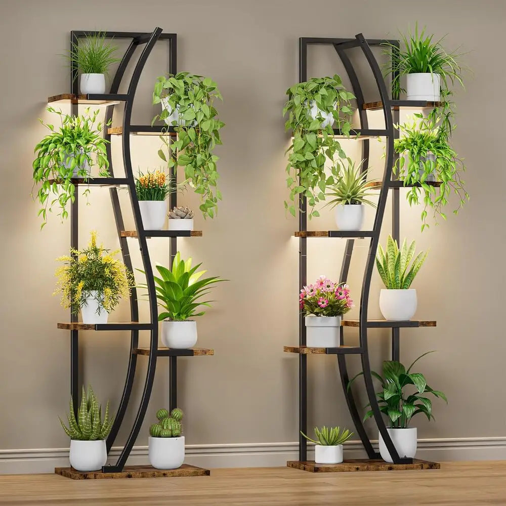 IRONCK Indoor Plant Stand with Grow Light 2 Set - 62" Tall Corner Shelf, 7 Tier S-Shape Plant Display Shelves  for Home & Office