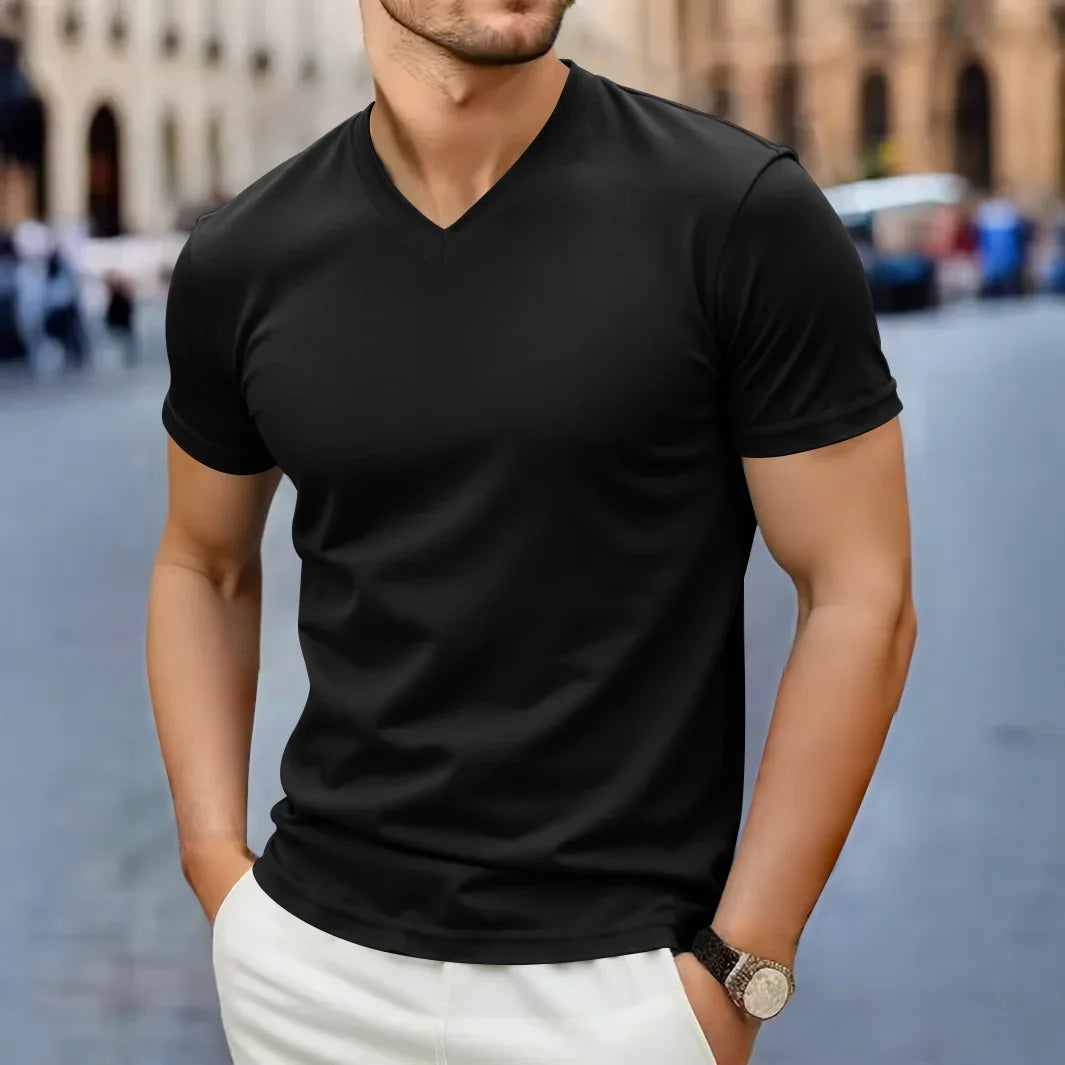 2025 New Men's Casual Fashion Simple V-neck Short Sleeved T-shirt Summer Comfortable Breathable Versatile Top