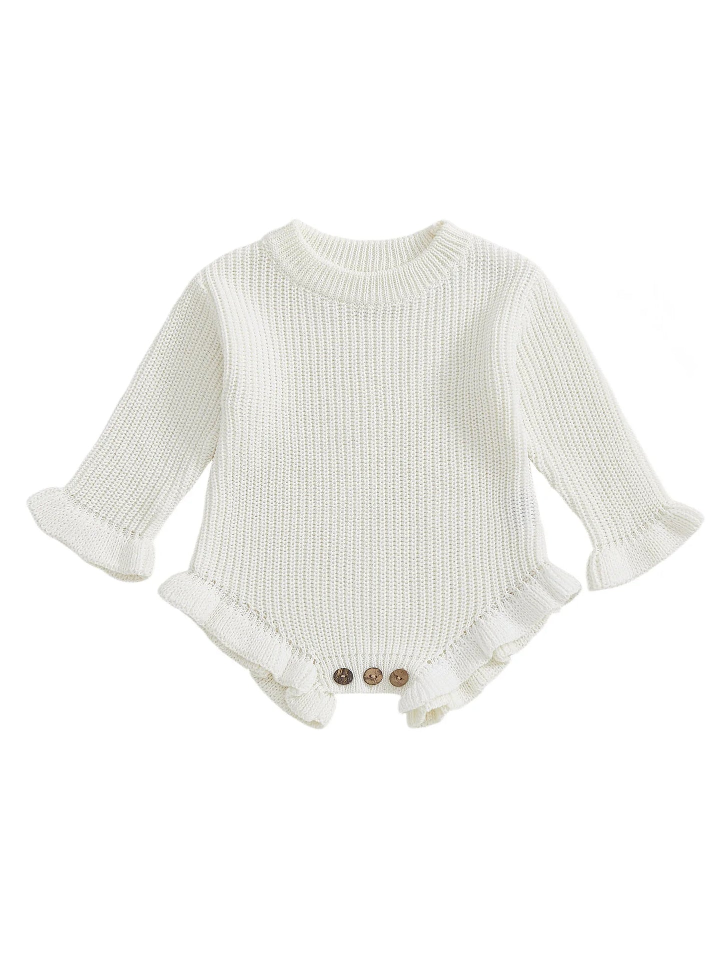 Infant Autumn Knitted Bodysuit with Ruffled Sleeves and Round Neckline Solid Color Sweater Jumpsuit for Baby Girls