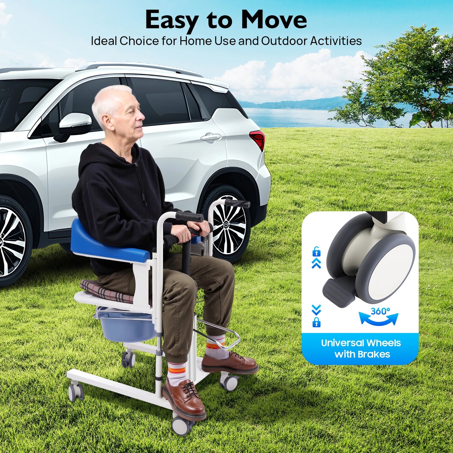 Hydraulic Patient Lifting Wheelchair 198.4lbs Load Portable Potty Transport Wheelchair 16.5-24in Adjustable Height 180° Backrest