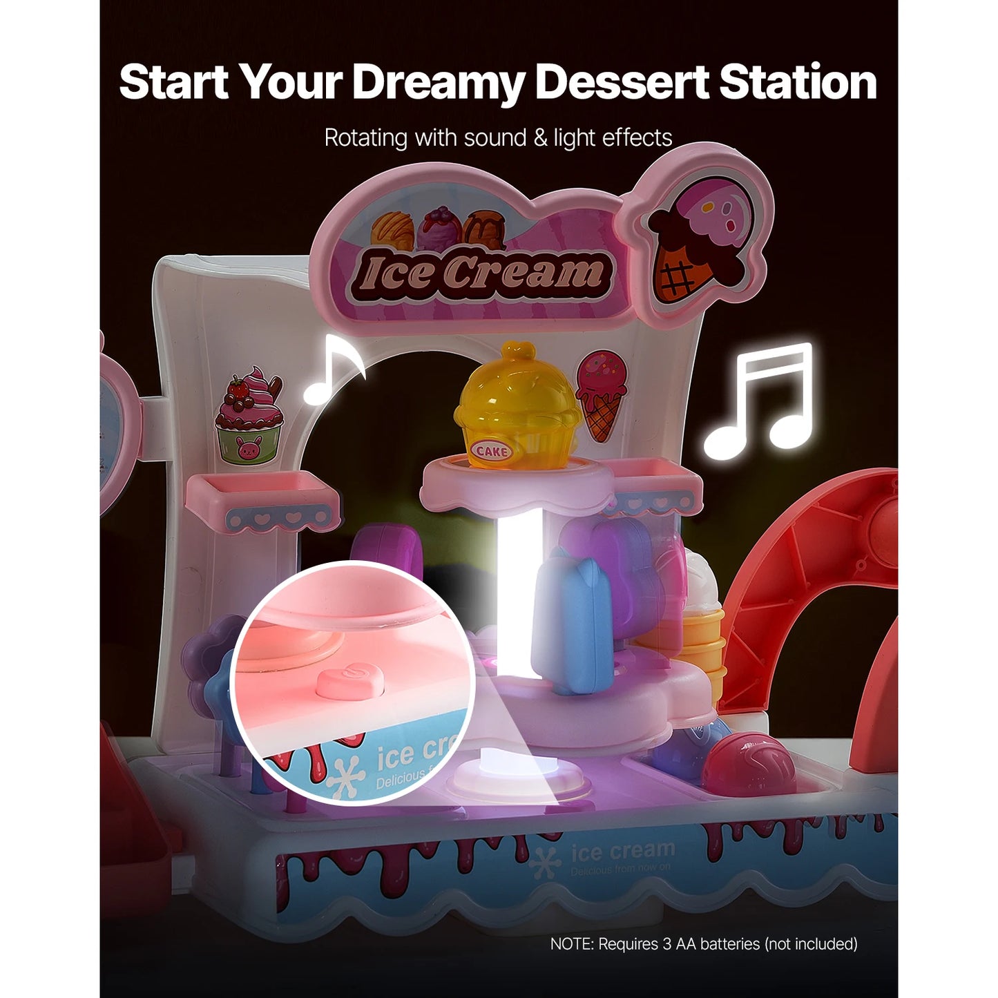 SucceBuy Pink Kids Ice Cream Cart Pretend Play Store Dolly with Sound & Light Effect Montessori Educational Toys for Children