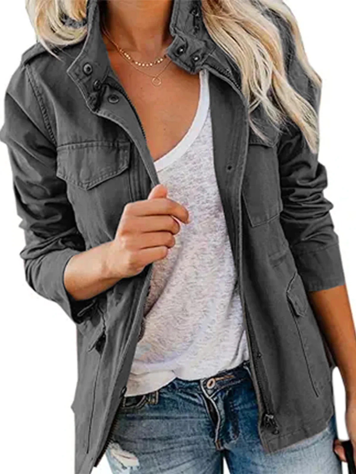 Women’s Lightweight Military Anorak Jackets Zip Up Snap Buttons Parka Safari Utility Coats Outwear with Pockets