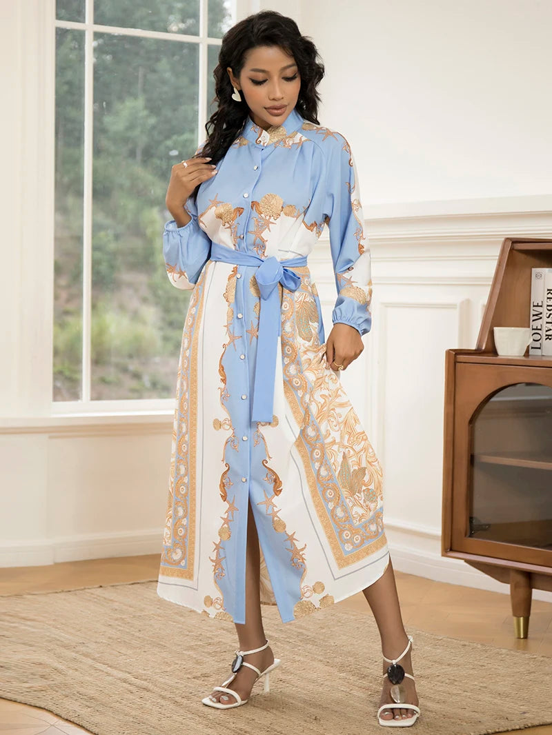 Elegant Women's Long-Sleeve Dress with Belt - Chic Geometric Print, High-Quality Polyester, Perfect for All Seasons