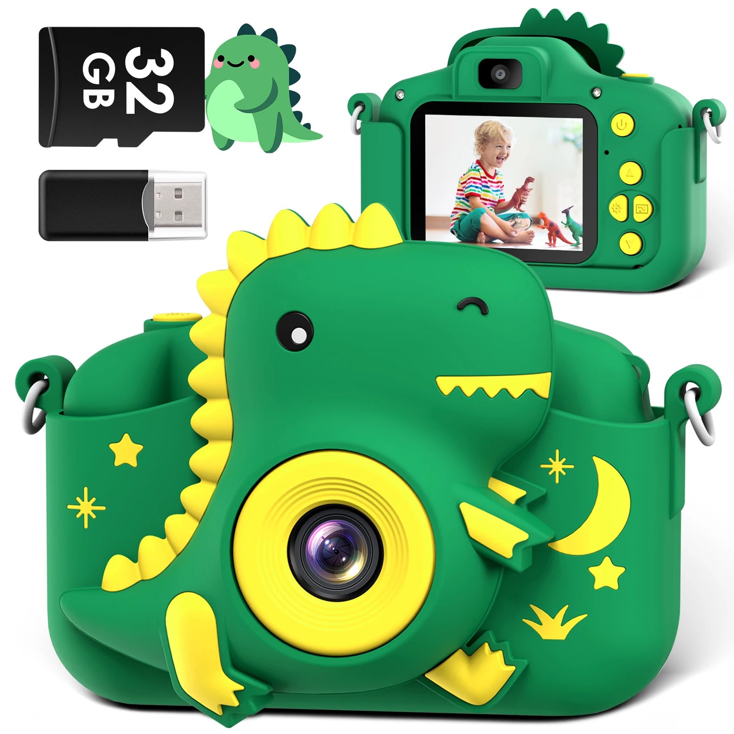 Dinosaur Kids Camera 1080P HD Selfie Camera Portable Toddler Digital Camera Toy Gift For Girls Boys Aged 3-12