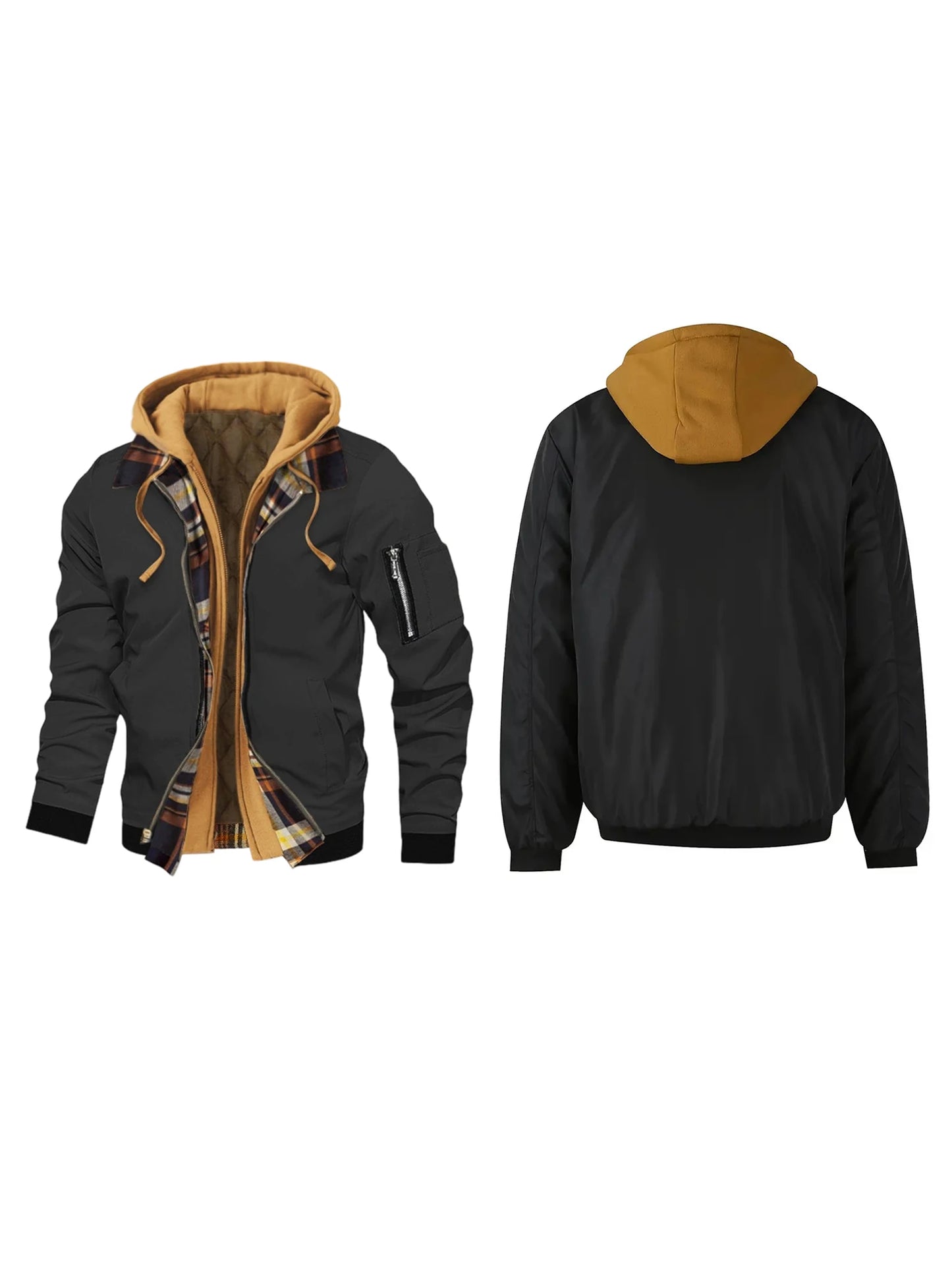 Men s Winter Hooded Jacket Casual Fake Two Piece Design Zip Up Long Sleeve Warm Coats with Faux Fur Lining and Pockets