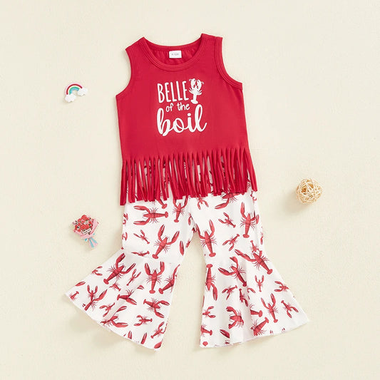 Girls Sleeveless Tank Top and Flare Pants Set Featuring Fun Letters and Lobster Print Design for a Stylish Summer Look