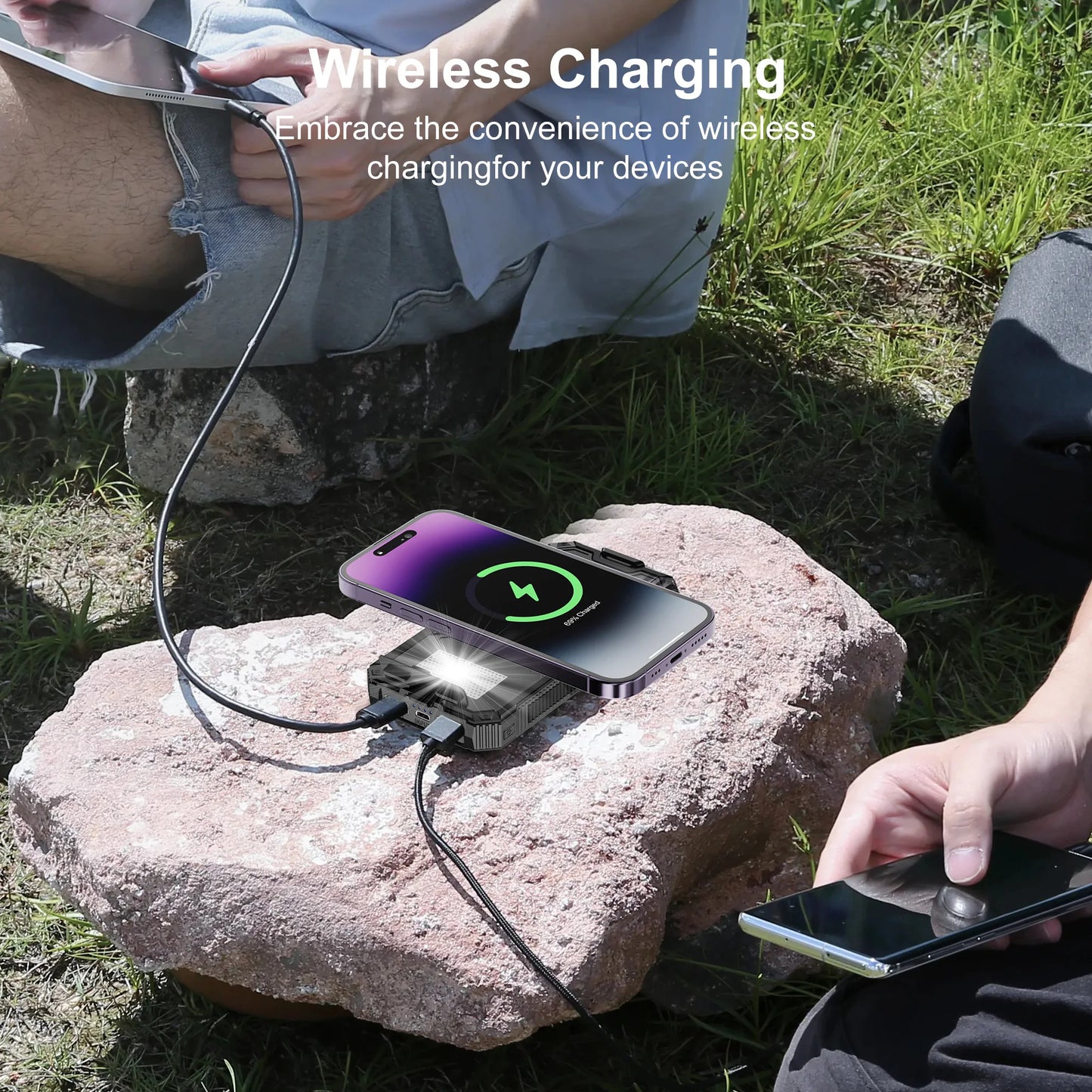 Solar Power Bank Wireless Charger 20,000mAh,Portable Solar Powered USB C Input/Output with Camping Flashlight for Cell Phone