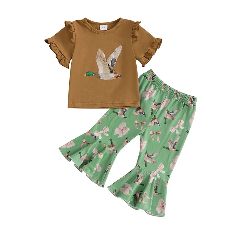 Girls Summer Outfits Adorable Duck Bow Print Ruffles Short-Sleeve Top and Elastic Flare Pants Set for a Stylish Look