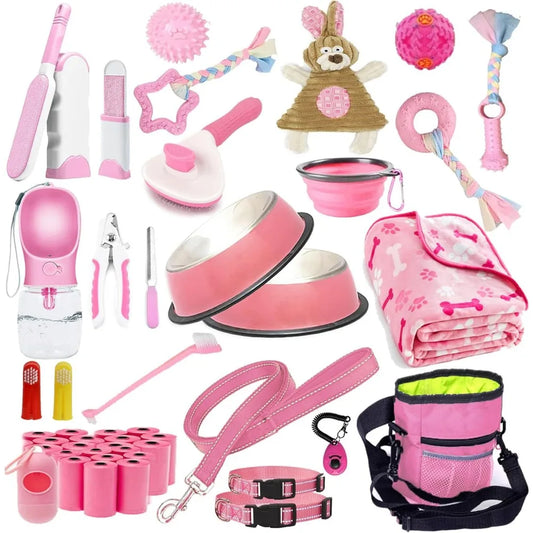 Puppy Supplies Starter Kit - 39-Piece Set of Puppy Essentials and Dog Stuff.Includes Dog Leash, Toys, Bowl, Brushes