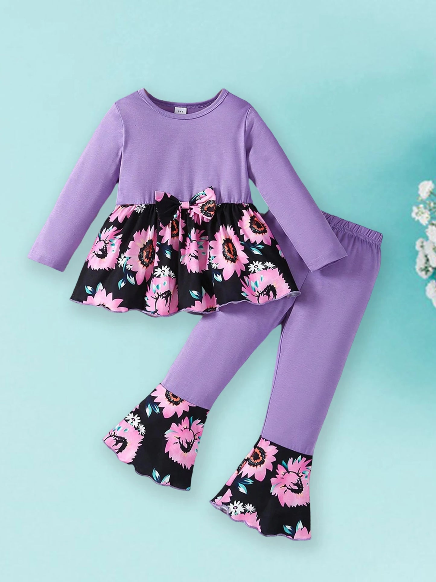 Girls Autumn Fashion Floral Print Round Neck Long Sleeve Top and Flared Pants 2-Piece Outfit Set for Kids