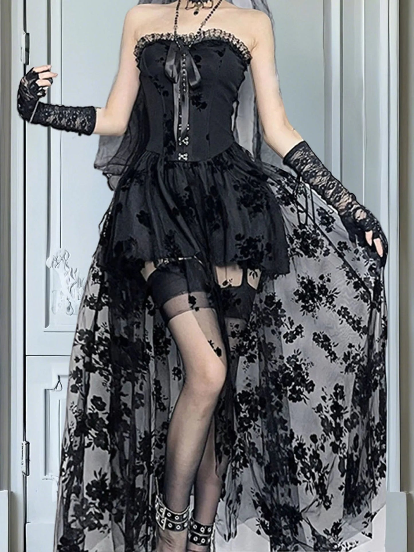 Black Lace Off Shoulder Maxi Dress for Women Vintage Victorian Gothic Embroidered Sleeveless A-Line Gown with Mesh Insets