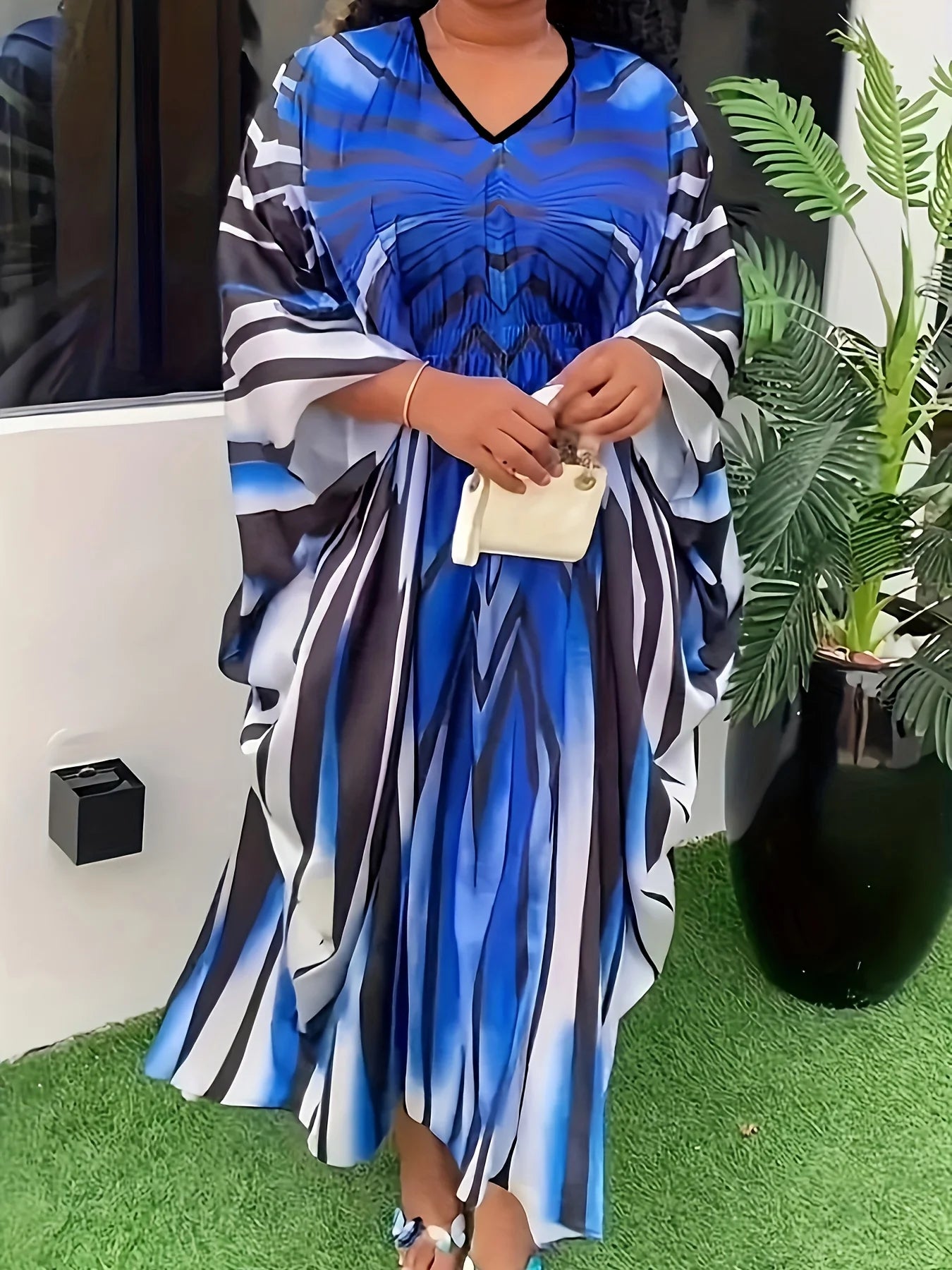 Printed Rhinestone Decoration V-neck Bat Sleeve Loose Vacation Long Style Plus Size Cheongsam Dress