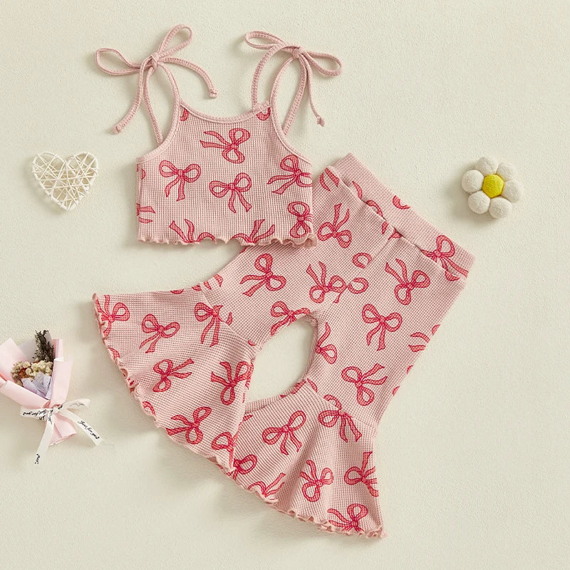 Girls Summer Outfits Adorable Bowknot Print Tie-Up Spaghetti Strap Sleeveless Tank Top with Flare Pants - 2 Piece Clothing Set